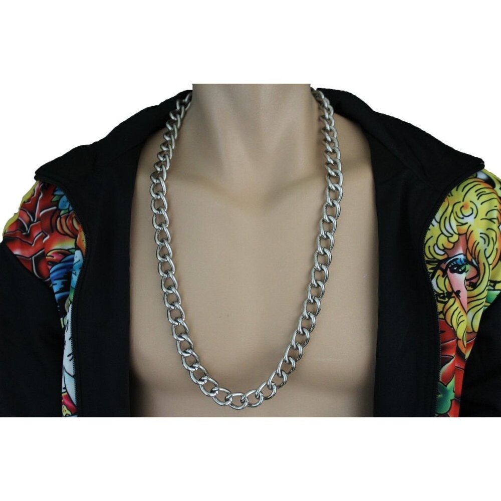 New Men Silver Necklace Metal Long Chain Links Fashion Urban Style Biker Jewelry